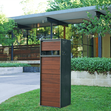 Stratford Package mailbox.  Custom made with your address numbers laser cut in the side of the 3/16" Thick steel.  This mail box will be come the pillar of of your home.  Made by Bold MFG in Austin, TX