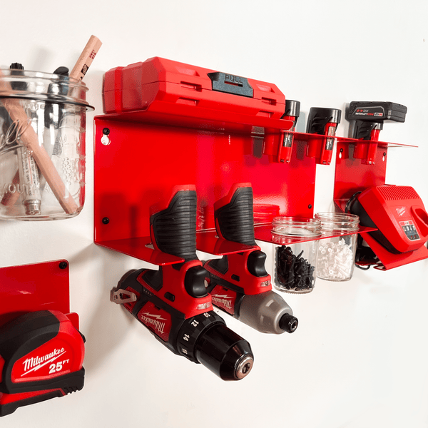 Milwaukee M12 Drill and Battery Shelf w Mason Jars - Bold MFG & Supply 